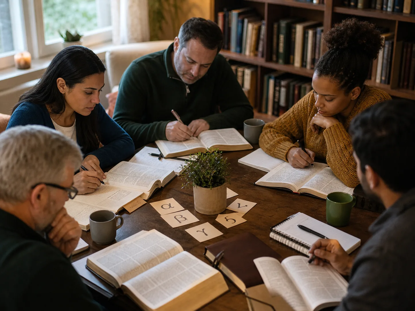A small group of Christians around a table studying open Bibles together with Greek word cards