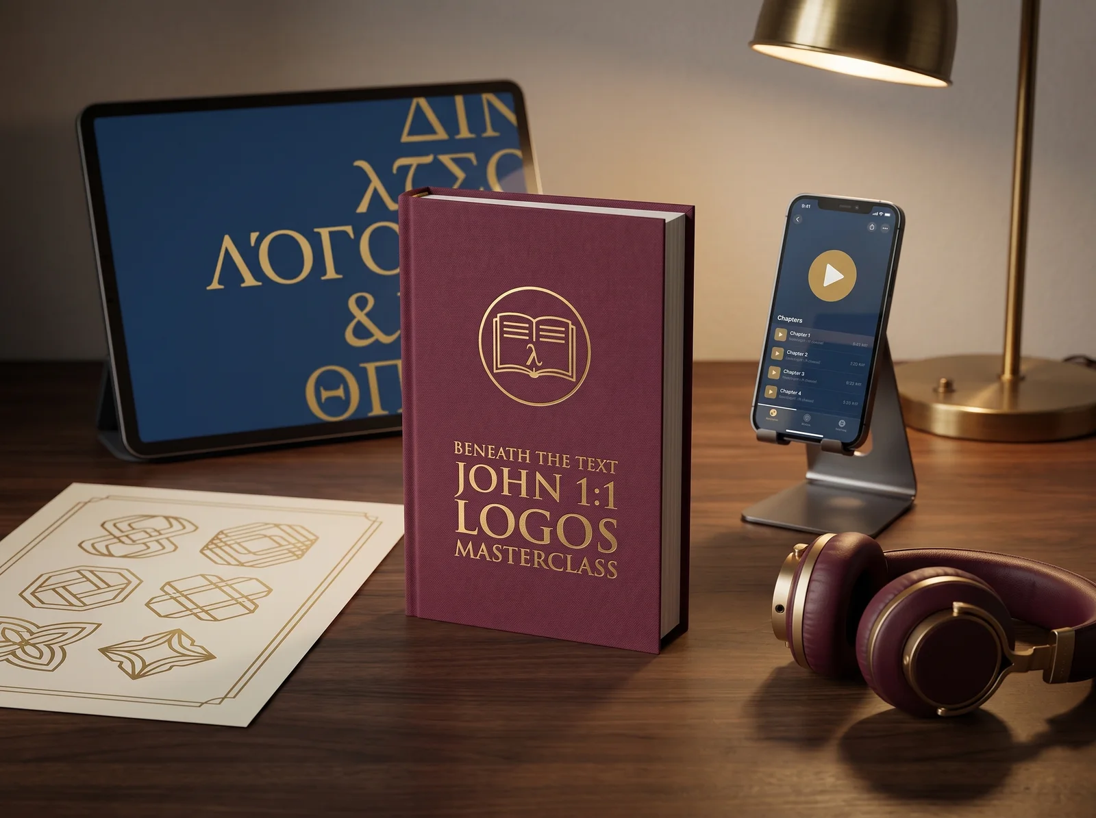 The John 1:1 Logos Masterclass: navy and wine hardcover, audio chapters on a phone, teaching slides, and the Five Movements poster