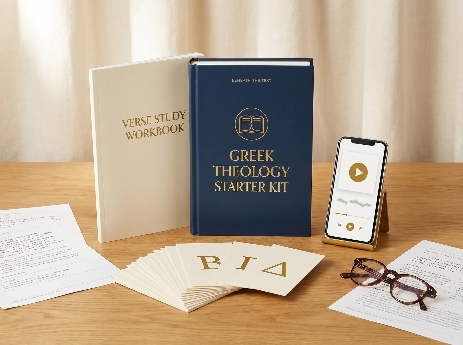 The Greek Theology Starter Kit: navy hardcover guide with gold emblem, Verse Study Workbook, Greek-letter flashcards, printed pages, and a phone playing an audio lesson
