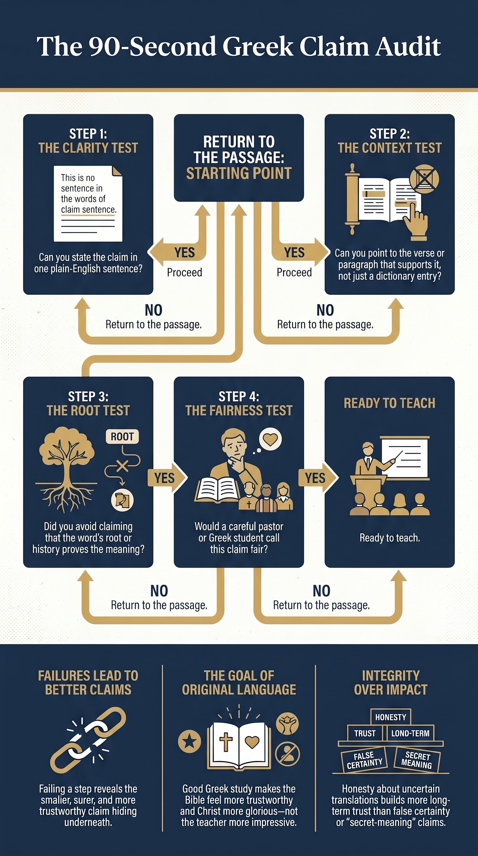 The 90-second Greek claim audit flowchart, four yes-or-no questions before you teach a Greek word